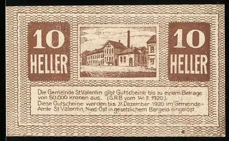 Notgeld St. Valentin 1920, 10 Heller, Fabrikgebäude