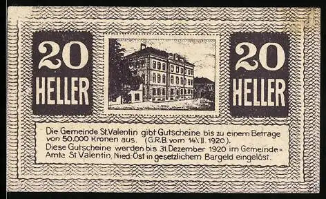 Notgeld St. Valentin 1920, 20 Heller, Gebäudeansicht und Gutscheintext