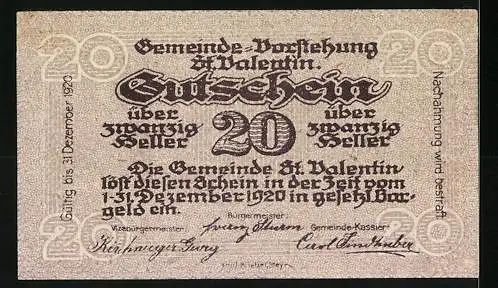 Notgeld St. Valentin 1920, 20 Heller, Gebäudeansicht und Gutscheintext