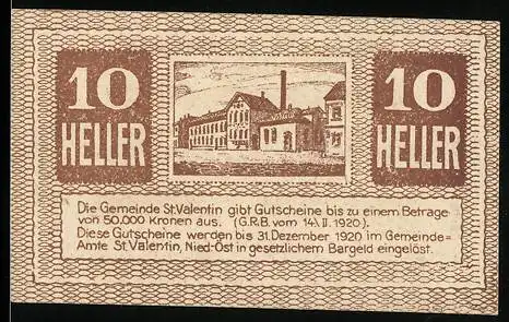 Notgeld St. Valentin 1920, 10 Heller, Fabrikgebäude-Abbildung