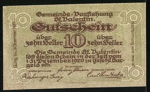 Notgeld St. Valentin 1920, 10 Heller, Fabrikgebäude-Abbildung