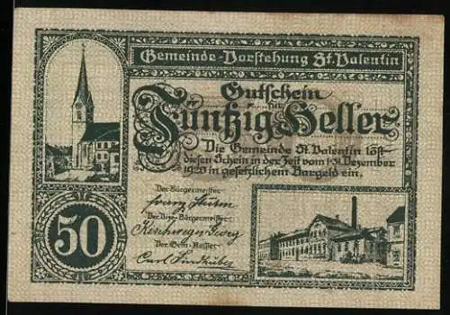 Notgeld St. Valentin 1920, 50 Heller, Kirche und Fabrikansicht, Gemeindeamt Gebäudeabbildung