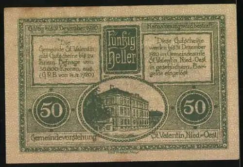 Notgeld St. Valentin 1920, 50 Heller, Kirche und Fabrikansicht, Gemeindeamt Gebäudeabbildung