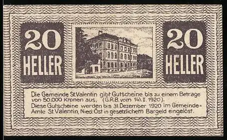 Notgeld St. Valentin 1920, 20 Heller, Gebäudeansicht und stilisierte Schriftzüge