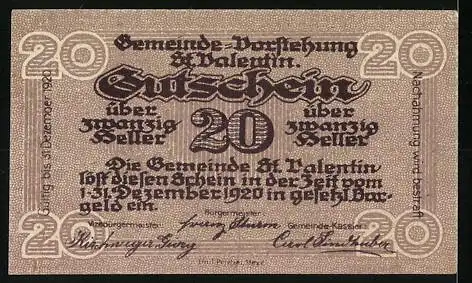 Notgeld St. Valentin 1920, 20 Heller, Gebäudeansicht und stilisierte Schriftzüge