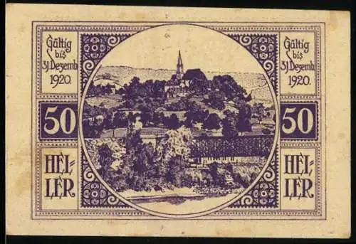 Notgeld St. Ulrich 1920, 50 Heller, Landschaftspanorama mit Dorfansicht