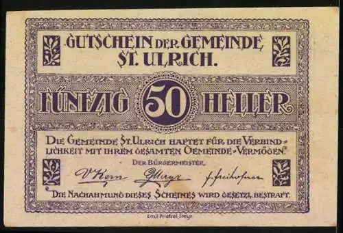 Notgeld St. Ulrich 1920, 50 Heller, Landschaftspanorama mit Dorfansicht