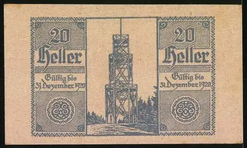 Notgeld St. Ulrich 1920, 20 Heller, Aussichtsturm, gültig bis 31. Dezember 1920