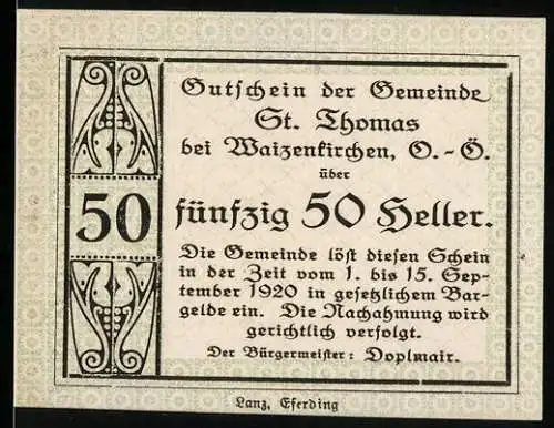 Notgeld St. Thomas 1920, 50 Heller, verziert mit dekorativen Mustern