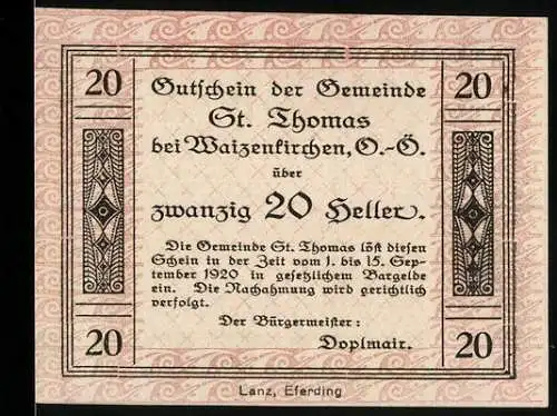 Notgeld St. Thomas bei Waizenkirchen 1920, 20 Heller, dekoratives Muster, Bürgermeister Dopplmair