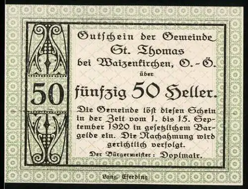 Notgeld St. Thomas bei Waizenkirchen 1920, 50 Heller, Ziermuster und Text