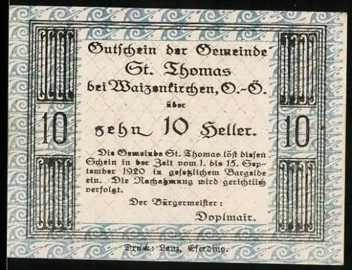 Notgeld St. Thomas 1920, 10 Heller, Gutschein mit blauem Zierrahmen und Stempel