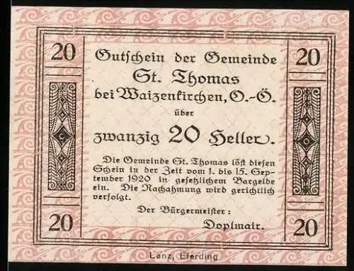 Notgeld St. Thomas 1920, 20 Heller, Gutschein der Gemeinde mit Musterrand und Stempel