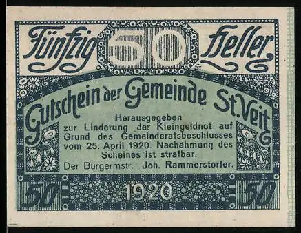 Notgeld St. Veit im Mühlkreis 1920, 50 Heller, Landschaft mit Kirche und Dorfansicht