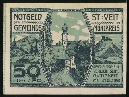 Notgeld St. Veit im Mühlkreis 1920, 50 Heller, Landschaft mit Kirche und Dorfansicht