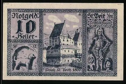 Notgeld St. Veit im Mühlkreis 1920, 10 Heller, Schloss St. Veith 1506 und historischer Ritter