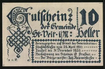 Notgeld St. Veit im Mühlkreis 1920, 10 Heller, Schloss St. Veith 1506 und historischer Ritter