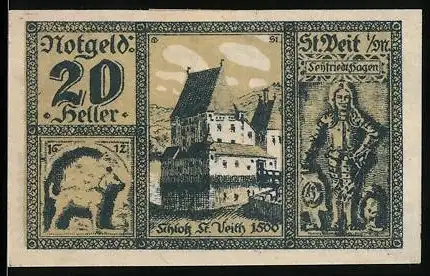 Notgeld St. Veit im Mühlkreis 1920, 20 Heller, Schloss St. Veit 1500, Ritter und Bär, Gemeindesiegel