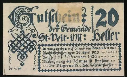 Notgeld St. Veit im Mühlkreis 1920, 20 Heller, Schloss St. Veit 1500, Ritter und Bär, Gemeindesiegel