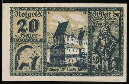 Notgeld St. Veit im Mühlkreis 1920, 20 Heller, Schloss St. Veit und Abbildung von St. Veit, Eber-Motiv