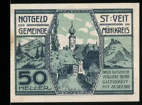 Notgeld St. Veit im Mühlkreis 1920, 50 Heller, Dorflandschaft und Burgruine im Mühlkreis