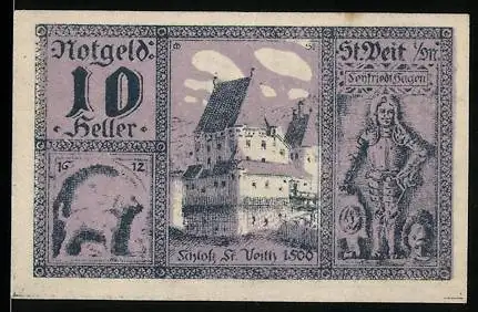 Notgeld St. Veit im Mühlkreis 1920, 10 Heller, Schloss St. Veith 1500, Schwein und Ritter