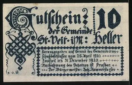 Notgeld St. Veit im Mühlkreis 1920, 10 Heller, Schloss St. Veith 1500, Schwein und Ritter