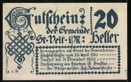 Notgeld St. Veit im Mühlkreis 1920, 20 Heller, Schloss St. Veith und historische Figuren