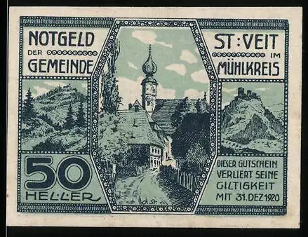 Notgeld St. Veit im Mühlkreis 1920, 50 Heller, Dorfansicht mit Kirchturm und Burgruine