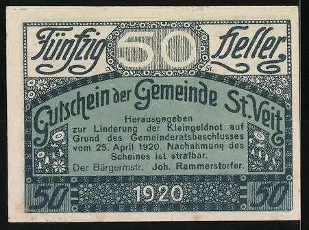 Notgeld St. Veit im Mühlkreis 1920, 50 Heller, Dorfansicht mit Kirchturm und Burgruine