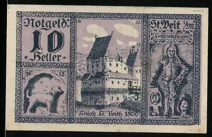 Notgeld St. Veit im Mühlkreis 1920, 10 Heller, Schloss St. Veit 1506, Portrait eines Mannes, Bär und Verzierungsmuster