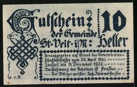 Notgeld St. Veit im Mühlkreis 1920, 10 Heller, Schloss St. Veit 1506, Portrait eines Mannes, Bär und Verzierungsmuster