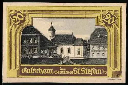 Notgeld St. Stefan 1920, 20 Heller, Stadtansicht mit Kirche und Gebäuden, Inschrift und Verzierungen