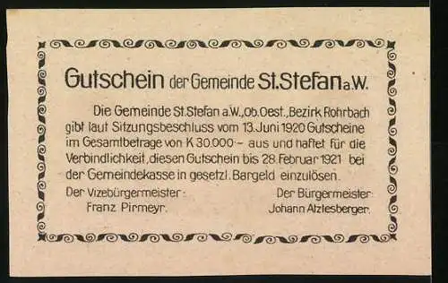 Notgeld St. Stefan 1920, 20 Heller, Stadtansicht mit Kirche und Gebäuden, Inschrift und Verzierungen