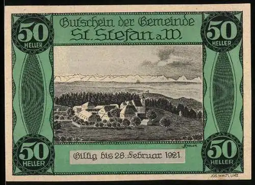 Notgeld St. Stefan a.W. 1920, 50 Heller, Dorfansicht mit Alpenpanorama, Gültigkeit bis 28. Februar 1921