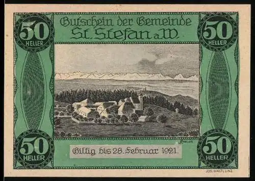 Notgeld St. Stefan a.W. 1920, 50 Heller, Dorfansicht mit Alpenpanorama