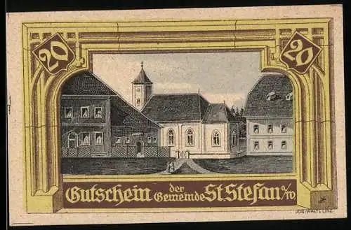 Notgeld St. Stefan 1920, 20 Heller, Kirche und Gebäudeansicht