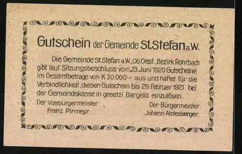 Notgeld St. Stefan 1920, 20 Heller, Kirche und Gebäudeansicht