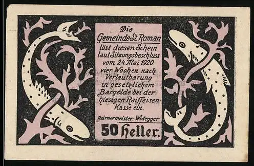 Notgeld St. Roman 1920, 50 Heller, zwei Fische und Text im Zentrum