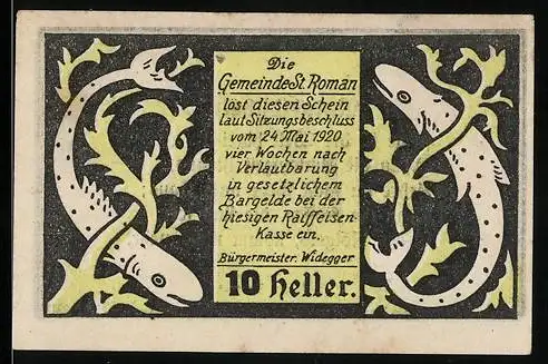 Notgeld St. Roman 1920, 10 Heller, Fisch-Motiv mit Vers