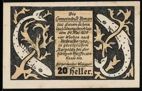 Notgeld St. Roman 1920, 20 Heller, Fische und Gedichttext