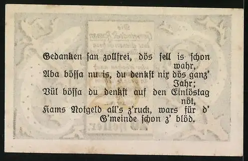 Notgeld St. Roman 1920, 20 Heller, Fische und Gedichttext