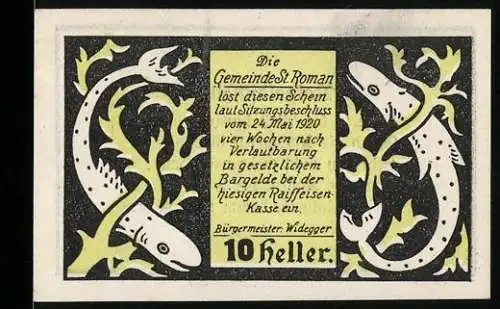 Notgeld St. Roman 1920, 10 Heller, Aale und Pflanzenmotiv, Bürgermeister Widegger