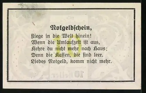 Notgeld St. Roman 1920, 10 Heller, Aale und Pflanzenmotiv, Bürgermeister Widegger