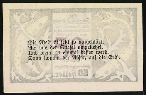 Notgeld St. Roman 1920, 50 Heller, zwei Fische mit Blättern, poetischer Text