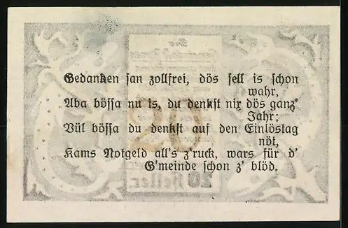 Notgeld St. Roman 1920, 20 Heller, zwei Fische mit Blätterornamenten, Bürgermeister Widegger