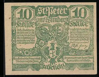 Notgeld St. Peter 1921, 10 Heller, Wappen und bäuerliche Szene