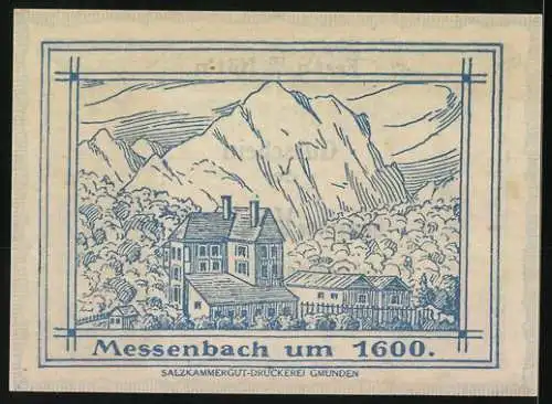 Notgeld Vorchdorf 1920, 20 Heller, Kirche und Gebäude, Messenbach um 1600, blaues Design