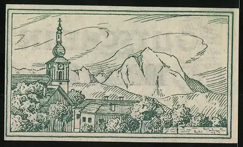 Notgeld Vorchdorf 1920, 10 Heller, Blumenmotiv und Dorflandschaft mit Kirche und Bergen im Hintergrund