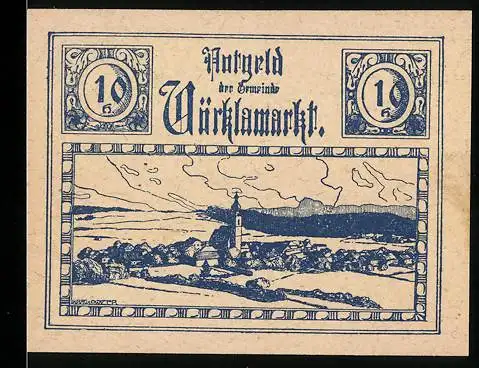 Notgeld Vöcklamarkt 1920, 10 Heller, Dorflandschaft mit Kirche im Hintergrund